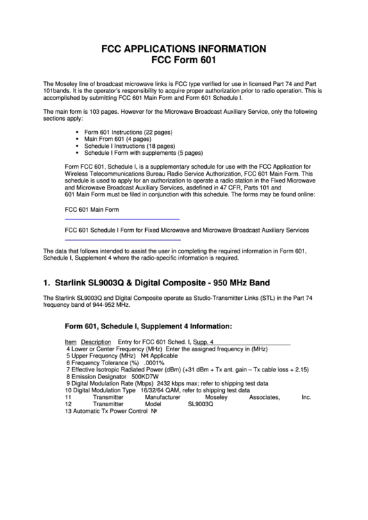 Fcc Applications Information Fcc Form 601 Printable pdf