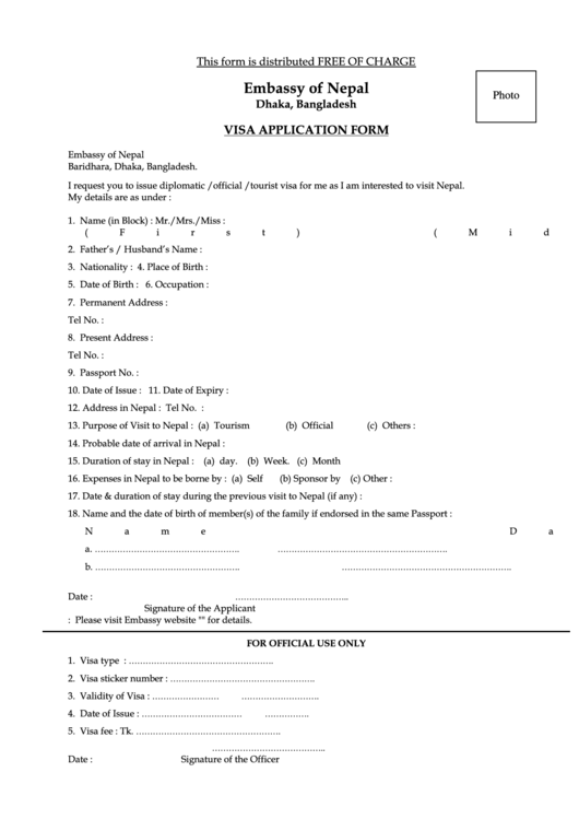 Visa Application Form - Embassy Of Nepal, Dhaka Printable pdf