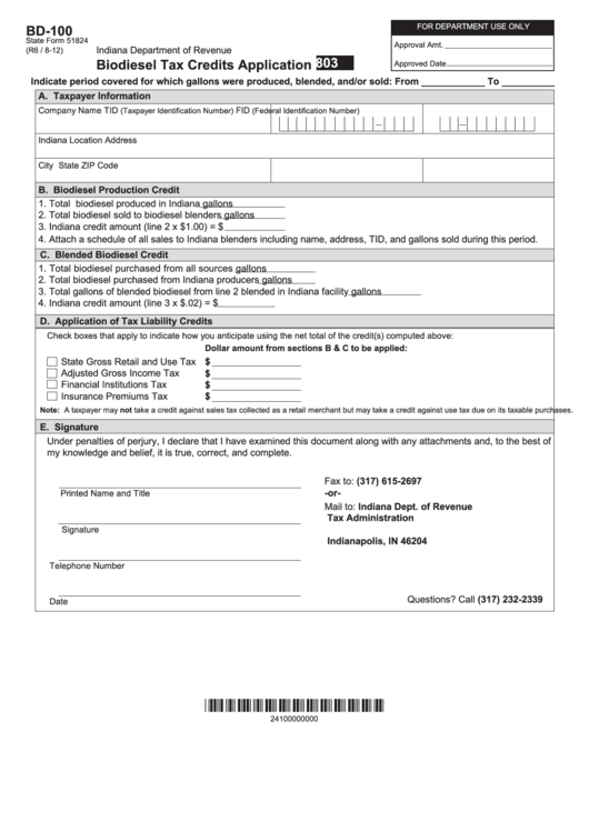 Fillable Form Bd-100 - Biodiesel Tax Credits Application Printable pdf