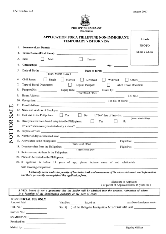 Visa Application Form - Phil. Embassy Oslo Printable pdf