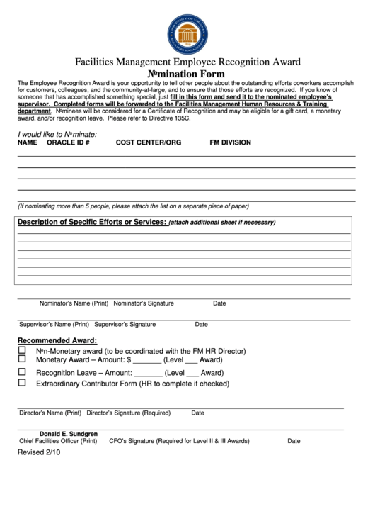 Facilities Management Employee Recognition Award - Nomination Form Printable pdf