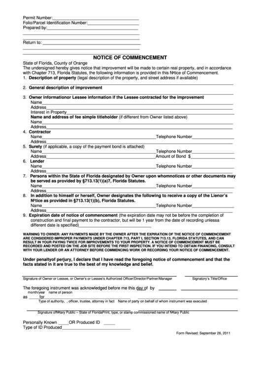 Fillable Notice Of Commencement Form - State Of Florida, County Of Orange Printable pdf