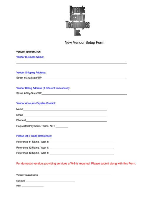 New Vendor Setup Form Printable pdf