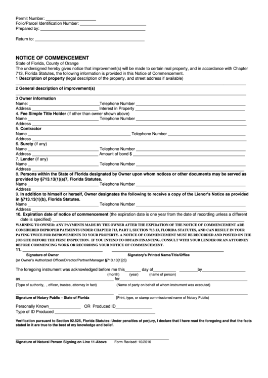 Notice Of Commencement - State Of Florida, County Of Orange Printable pdf