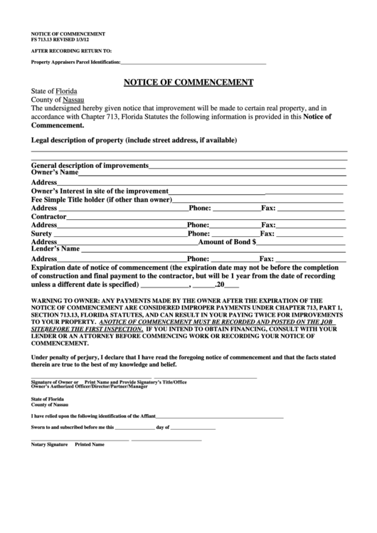 Notice Of Commencement Form - State Of Florida, County Of Nassau Printable pdf