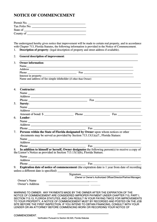 Fillable Notice Of Commencement Form - State Of Florida Printable pdf
