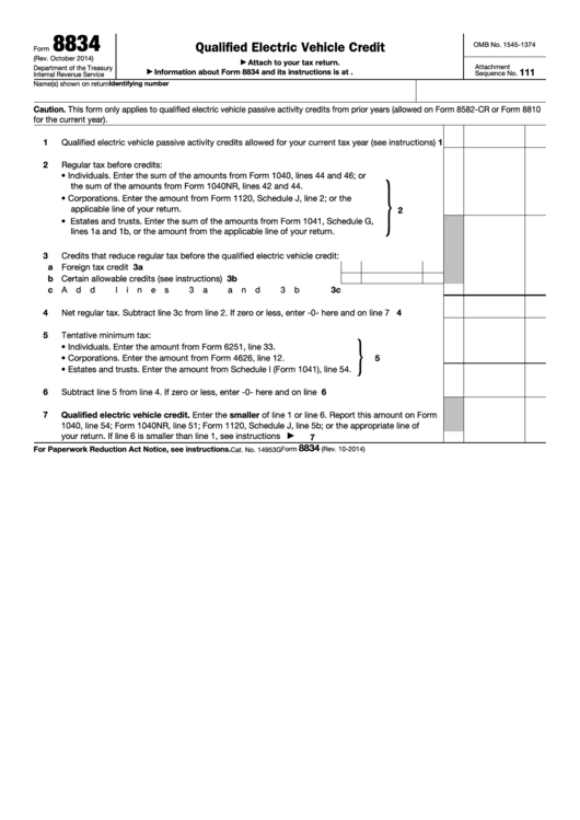 Fillable Form 8834 - Qualified Electric Vehicle Credit - 2014 Printable pdf
