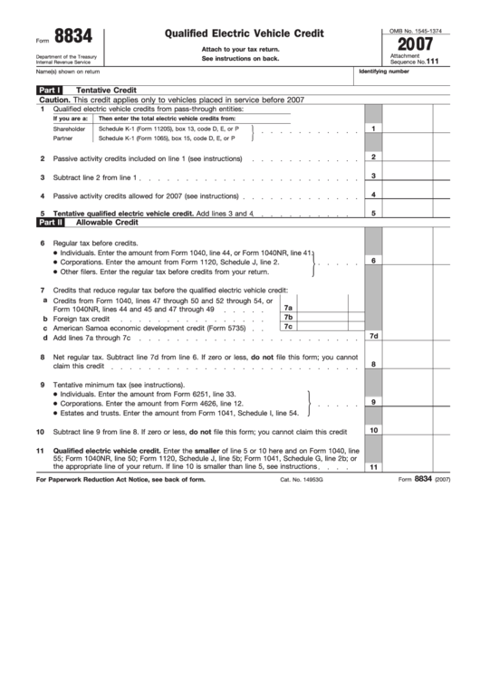 Fillable Qualified Electric Vehicle Credit 2007 Form 8834 Printable 