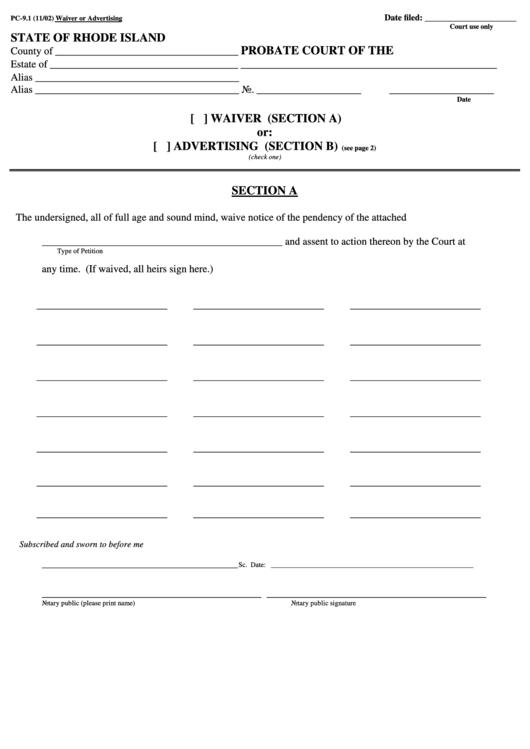Fillable Pc-9.1 Waiver Or Advertising - Secretary Of State (Rhode Island) Printable pdf