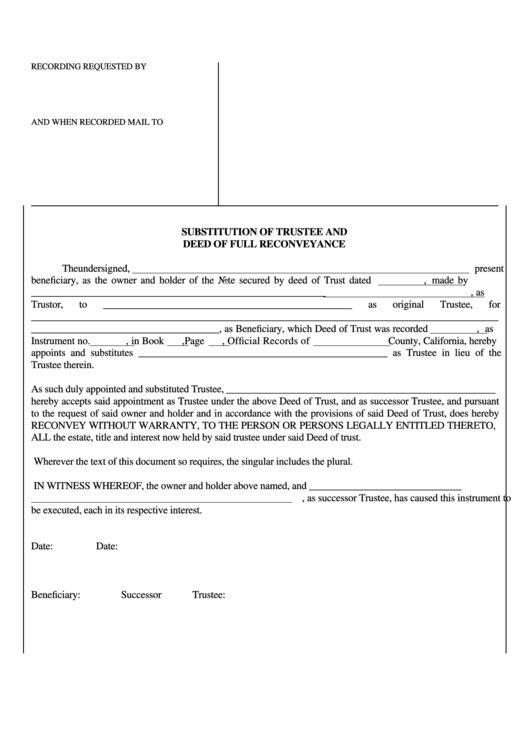 Fillable Substitution Of Trustee And Deed Of Full Reconveyance, Certificate Of Acknowledgment Of Notary Public Printable pdf