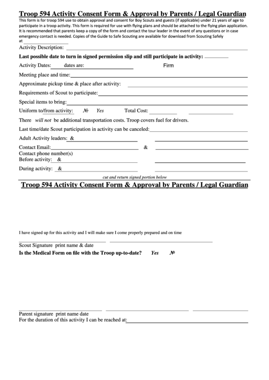 Fillable Troop 594 Activity Consent Form & Approval By Parents / Legal Guardian Printable pdf