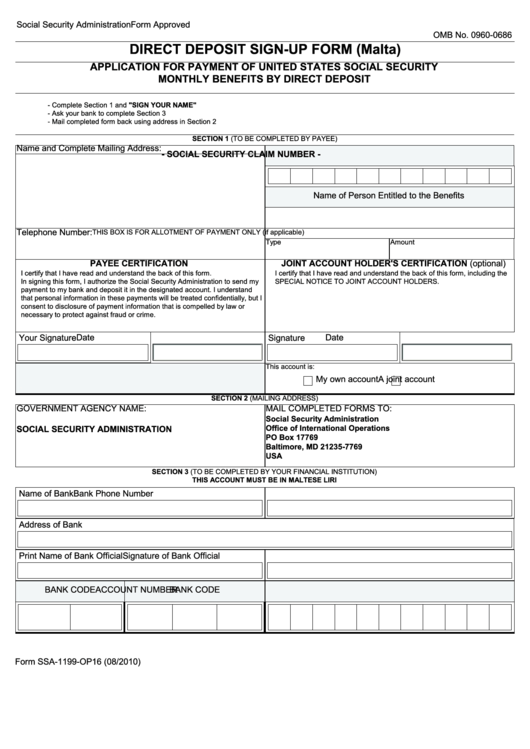 Direct Deposit Sign-Up Form (Malta) - Social Security Printable pdf