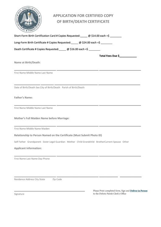 Fillable Application For Certified Copy Of Birth/death Certificate - Desoto Parish Printable pdf