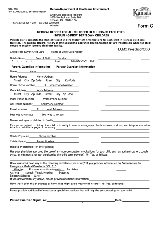Kansas Department Of Health Form - Medical Record For All Children In Child Care Facilities, Including Provider's Own Children - Form C
