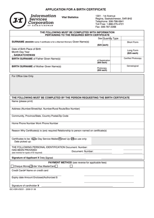 Isc-Vsr-Vs031 Form - Application For A Birth Certificate Printable pdf