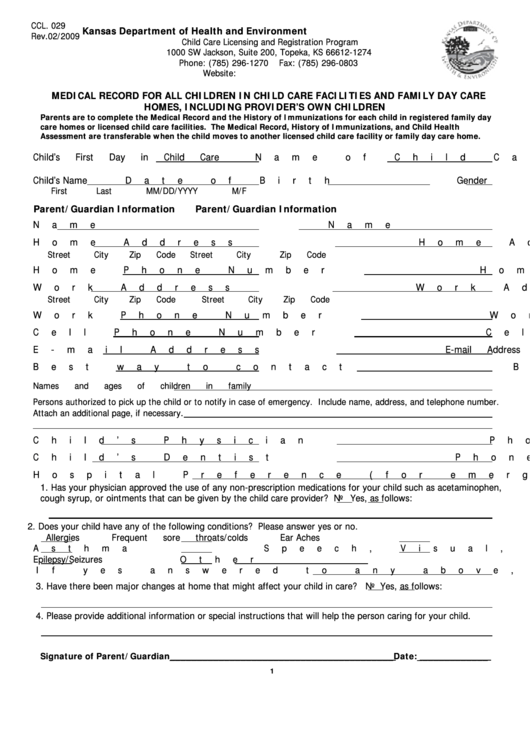 Ccl. 029a Form - Medical Record For All Children In Child Care Facilities And Family Day Care Homes, Including Provider