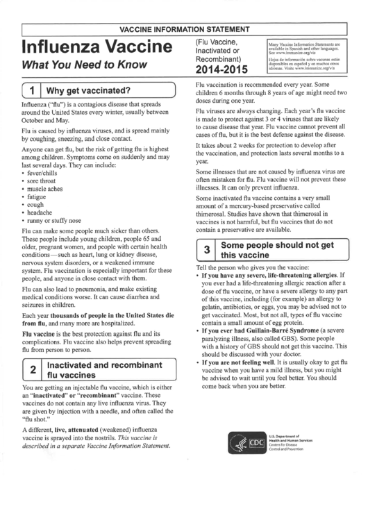 Influenza Vaccine Information Sheet Printable pdf