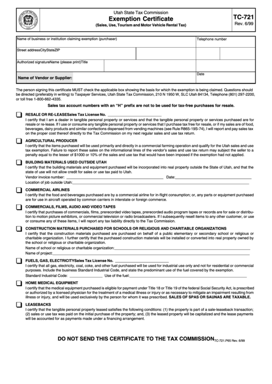 Tc721 Form Utah State Tax Commission Exemption Certificate printable