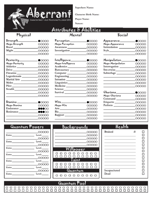 Fillable Aberrant Character Sheet Printable pdf