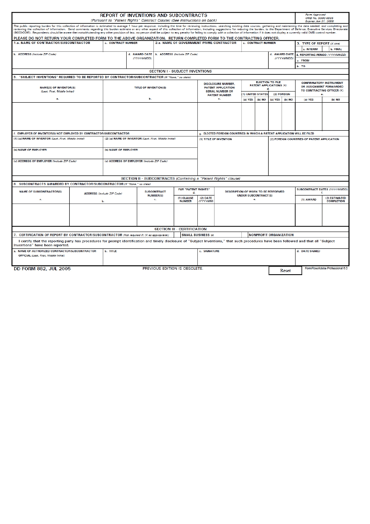 Dd Form 882 Report Of Inventions And Subcontracts 2005 Printable