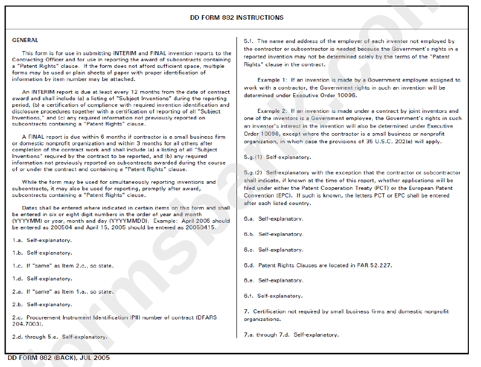 Dd Form 882 - Report Of Inventions And Subcontracts - 2005