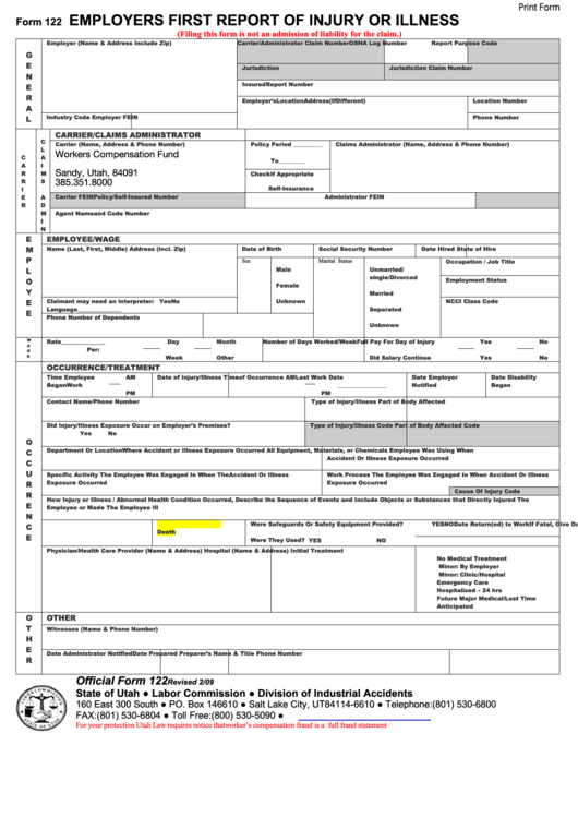 Fillable Form 122 - Employers First Report Of Injury Or Illness - 2009 Printable pdf