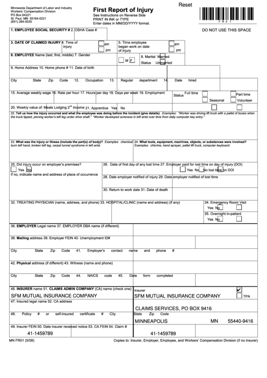 Fillable First Report Of Injury Form - Minnesota Wcd Printable pdf