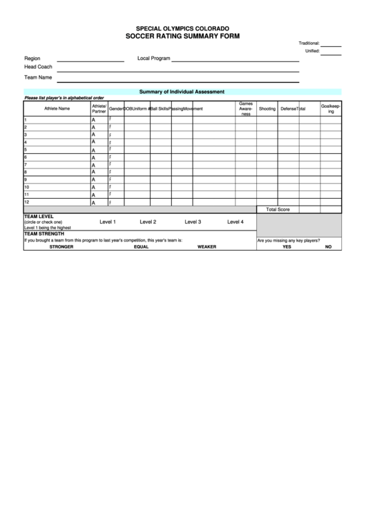 Fillable Soccer Rating Summary Form Printable pdf