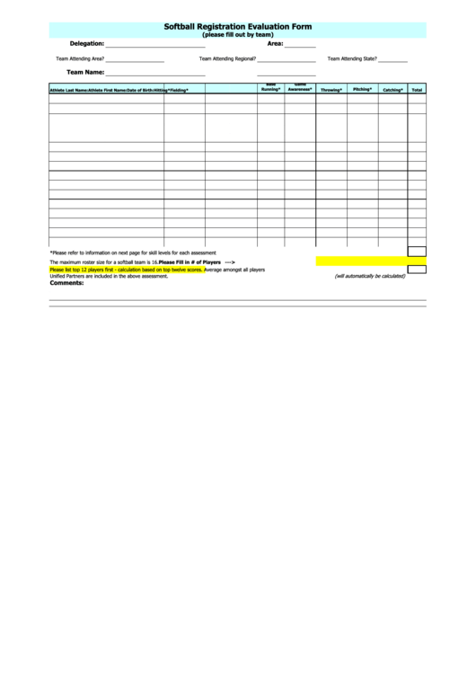 Softball Registration Evaluation Form - Special Olympics Minnesota Printable pdf