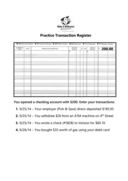 Practice Transaction Register Printable pdf
