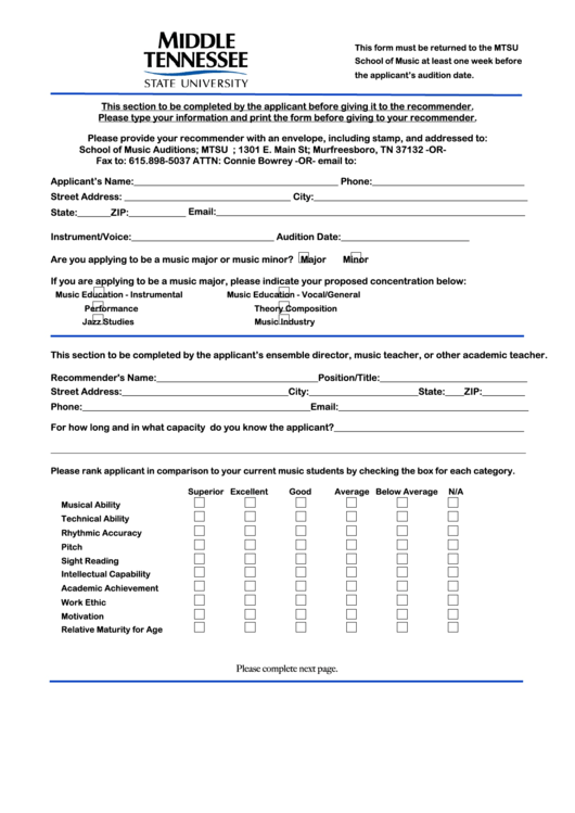 Fillable Student Recommendation Form - Middle Tennessee State University Printable pdf