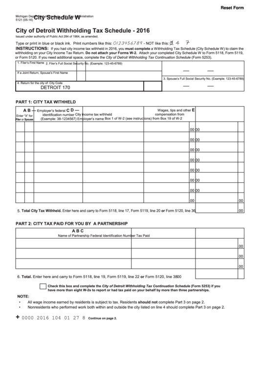 Fillable Form 5121 - City Of Detroit Withholding Tax Schedule - 2016 Printable pdf