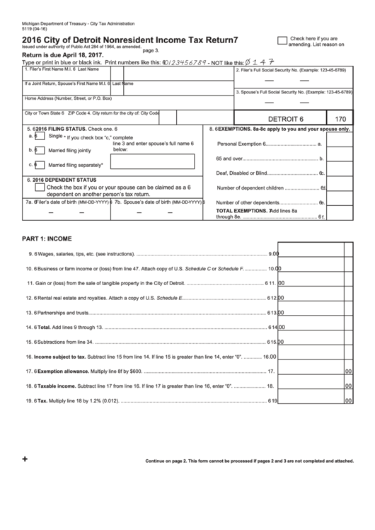 Form 5119 - City Of Detroit Nonresident Income Tax Return - 2016 Printable pdf