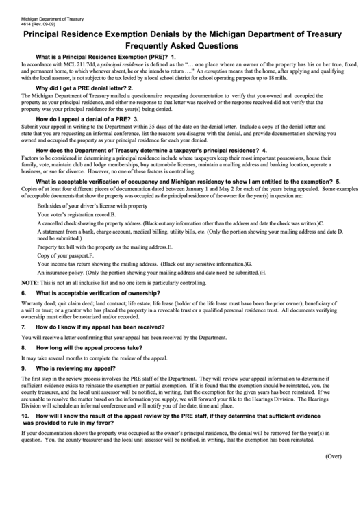 Form 4614 - Principal Residence Exemption Denials By The Michigan Department Of Treasury Faq Printable pdf