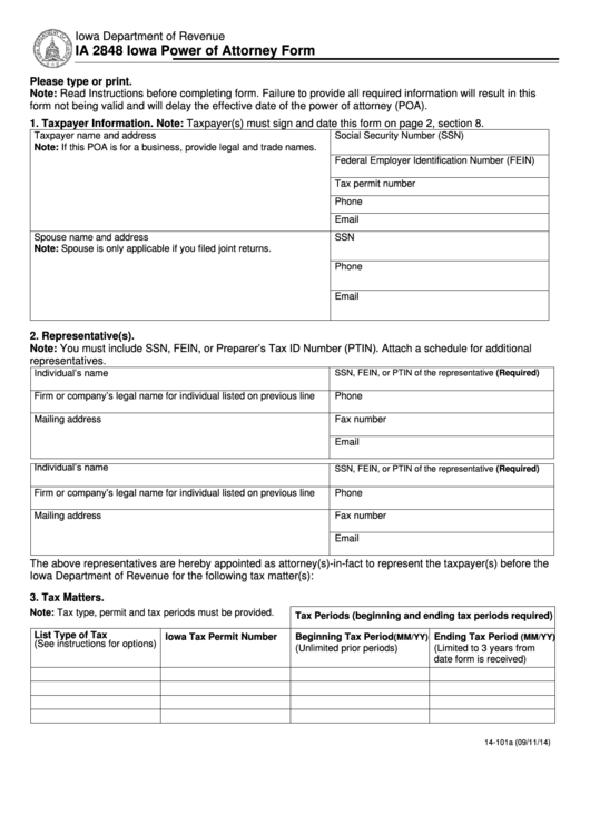Fillable Form Ia 2848 - Iowa Department Of Revenue - Power Of Attorney Form Printable pdf