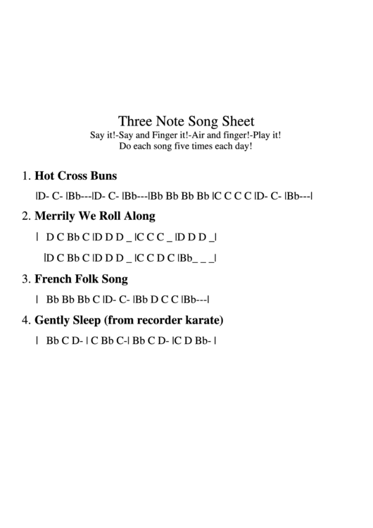 Three Note Song Sheet For The Recorder Printable pdf
