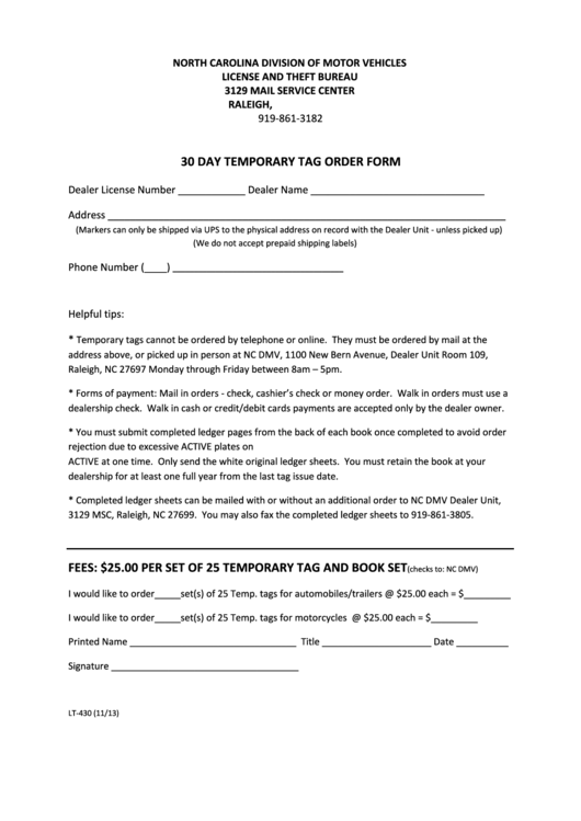 Fillable Form Lt-430 - 30 Day Temporary Tag Order Form Printable pdf