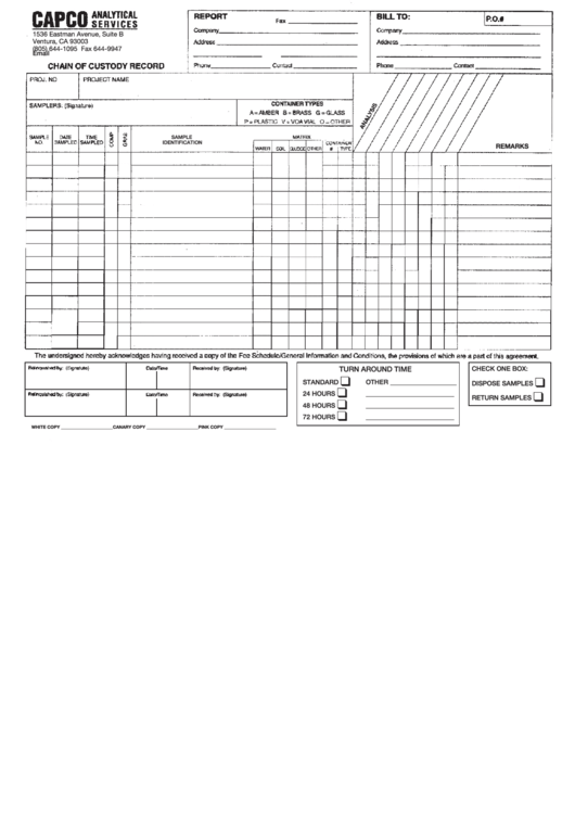 Chain Of Custody Form - Capco Analytical Services Printable pdf