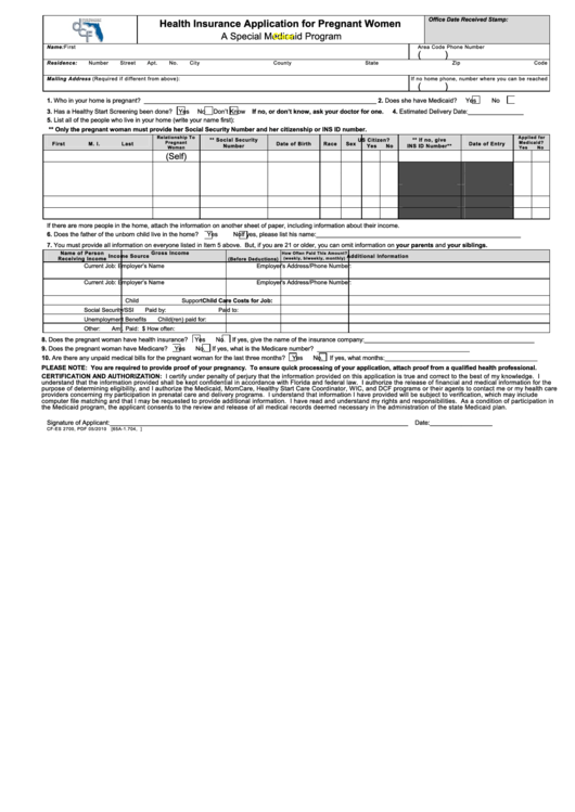 Fillable Health Insurance Application For Pregnant Women Form Printable pdf