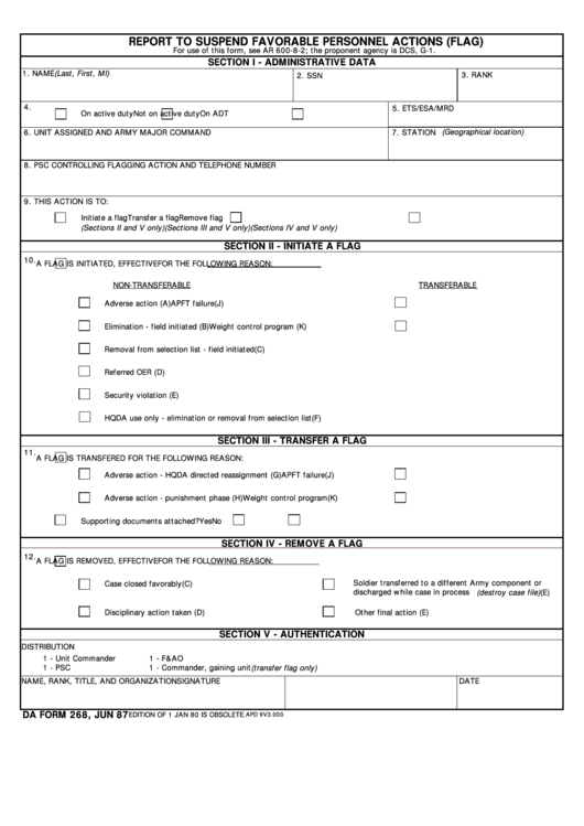 Da Form 268 Report To Suspend Favorable Personnel Actions (Flag) Printable pdf