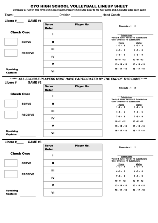 Cyo High School Volleyball Lineup Sheet Printable pdf