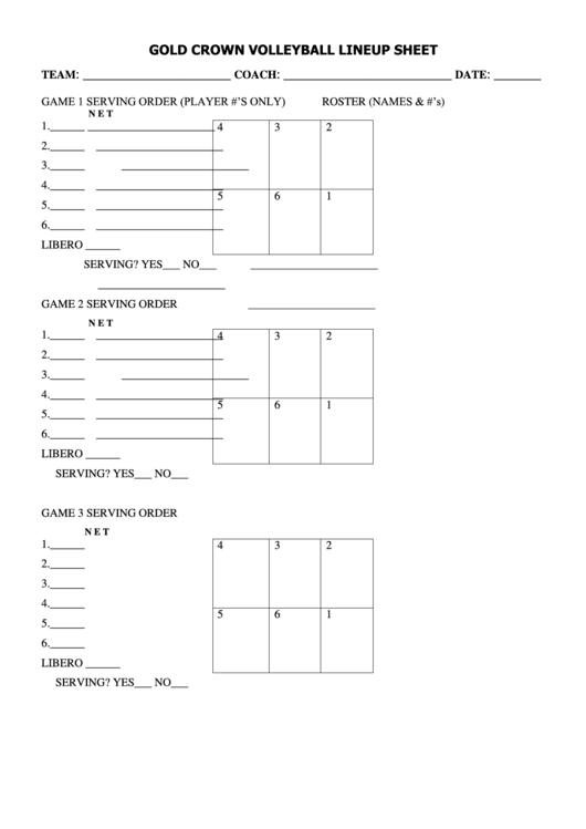 Gold Crown Volleyball Lineup Sheet Printable pdf