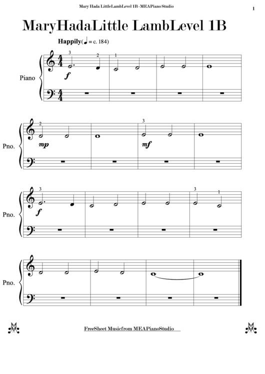 Mary Had A Little Lamb (Level 1b) Arrg. By Mea Piano Studio Printable pdf