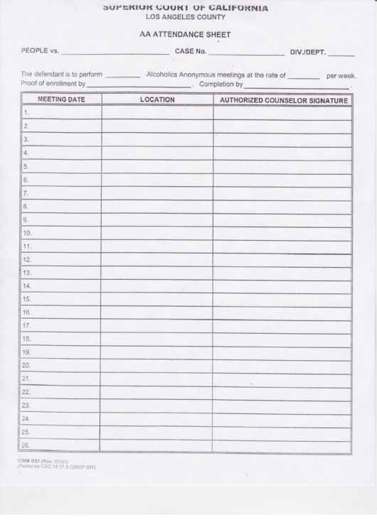 Aa Attendance Sheet Template Printable pdf