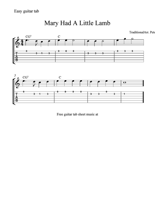 Mary Had A Little Lamb (Arr. Peter Edvinsson) Easy Guitar Tab printable