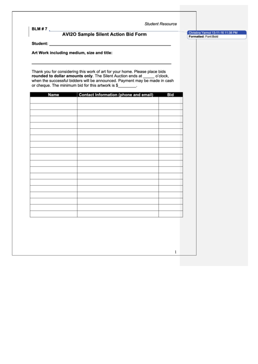 Avi2o Sample Silent Action Bid Form Printable pdf