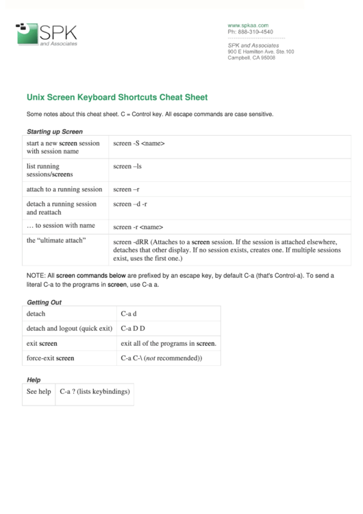 Unix Screen Keyboard Shortcuts Cheat Sheet