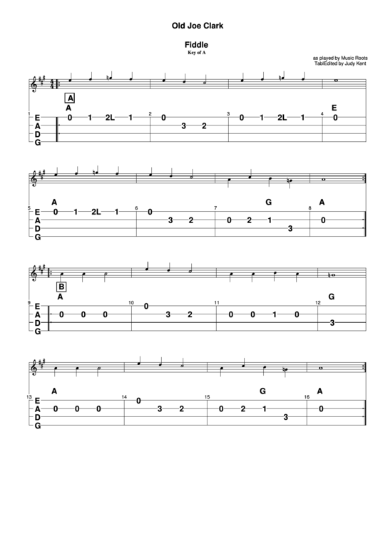 Old Joe Clark - Fiddle (Key Of A) Printable pdf
