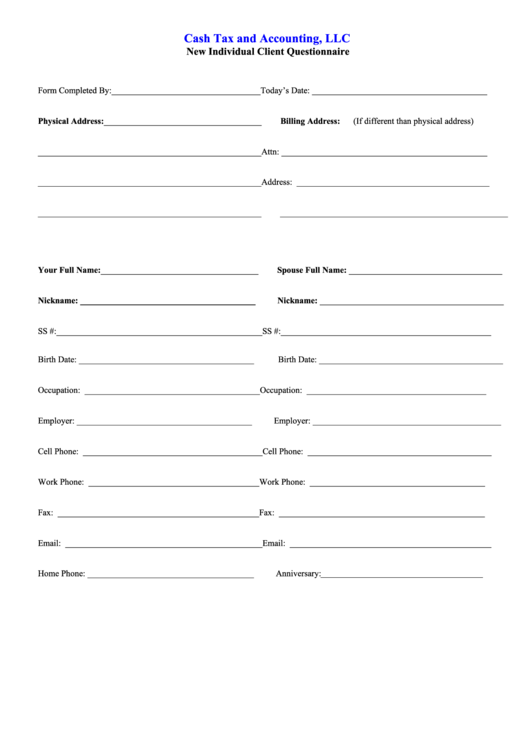 Cash Tax And Accounting, Llc - New Individual Client Questionnaire Printable pdf