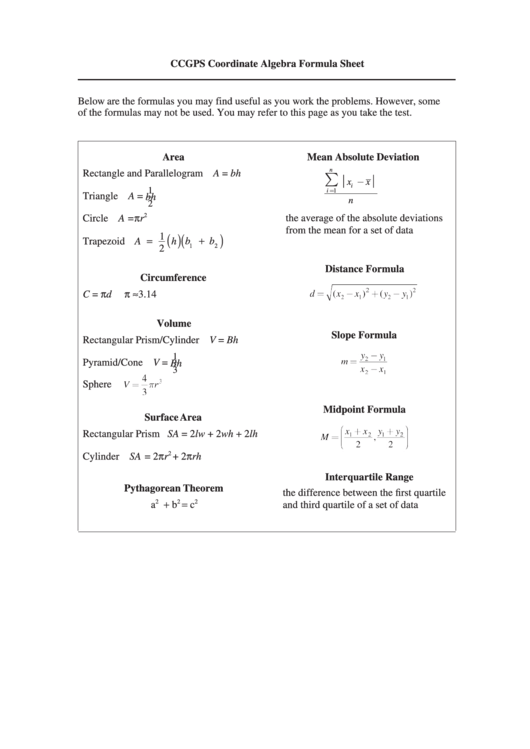 Ccgps Coordinate Algebra Formula Sheet